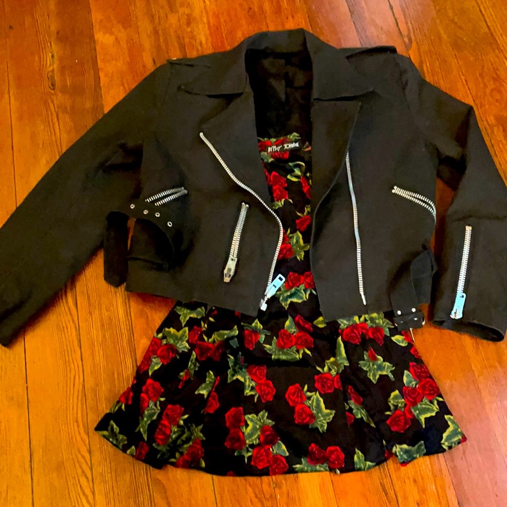 Betsy Johnson Petite Size floral velvet dress & matching Betsy Biker Jacket